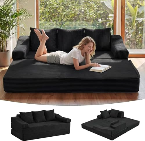 APICIZON Schlafsofa 200cm Breit, Boneless Couch mit Kissen, 3 Sitzer Sofa Bed mit Schlaffunktion, Bodensofa Klappbare Matratze für Wohnzimmer, Schlafzimmer, Gästezimmer (Cord-Schwarz, 200x176cm)