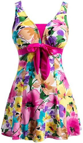 Wantdo Costume da Bagno Intero da Donna Plus Size con Stampa Floreale Costume da Bagno Sottile Gonna Copricostume per Mare e Spiaggia Fucsia 52-54