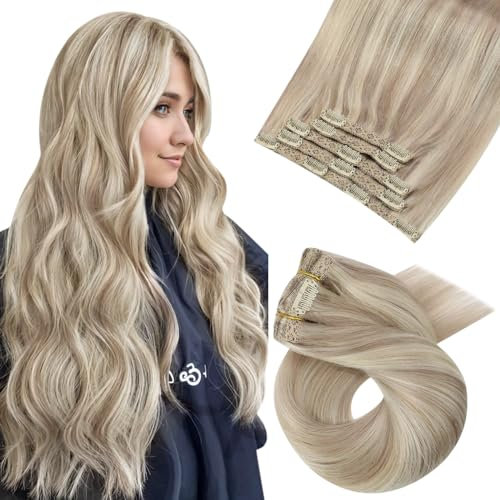 Moresoo Blond Clip in Extensions Echthaar Aschblond Strähnen mit Blond Doppelt Tressen Klip in Extensions Remy Echthaar 7 Tressen Clip Extensions Echthaar 120g 45cm