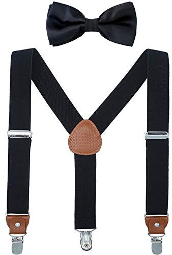 WELROG Kinder Hosenträger Fliege Sets - Y-Form Einstellbar Hosenträger mit Die Seide Fliegen Poison (Schwarz + Schwarz Fliege, 60.9 cm (7 Monat - 3 Jahre))