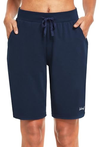 baleaf Damen Bermuda Shorts Baumwolle Sporthose Kurz Knielang Sweathose Sommerhose mit Taschen 10 Activewear Hosen Loose Casual Freizeit Navy M