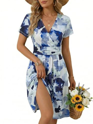 OUGES Women's Summer Short Sleeve V-Neck Floral Short Party Dress with Pockets(Floral16,3XL)