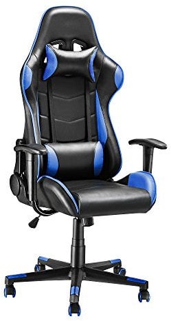 Gaming Chair, Racing Style Office High Back Ergonomic Conference Work Chair Reclining Computer PC Swivel Desk Chair with Headrest&Lumbar Cushion 170 Degree Reclining Angle (Blue)