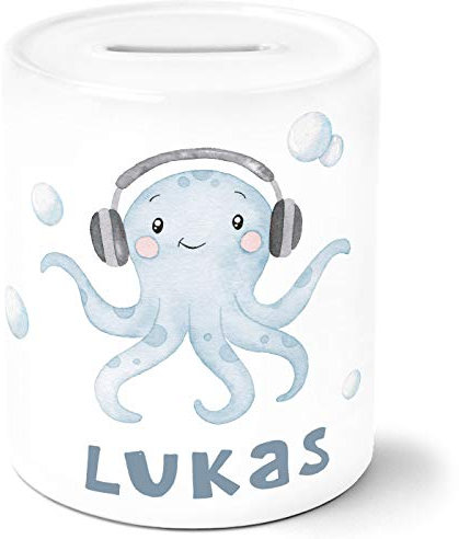 SpecialMe® Kinder Spardose mit Namen Octopus Unterwasser Tiermotiv Tintenfisch personalisierbar Sparschwein Keramik weiß Unisize