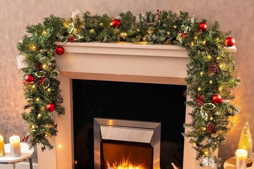 Ghirlanda natalizia decorativa a LED, lussuosa, 2,7 m, pino, funzionamento a batteria e a corrente, decorazione realistica per le feste, per camino e scale (spolverata di neve, a batteria)