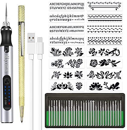 Mini stylo de gravure électrique sans fil rechargeable pour métal, verre, céramique, plastique, bois, bijoux avec 30 embouts, 16 pochoirs et 1 stylo à tracer (argenté)