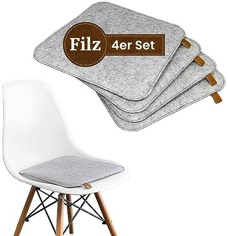 FRIHET® Komfortables Filz Sitzkissen | Stuhlkissen für Innen und Außen als 4er Set | Rutschfestes Stuhlkissen aus Filz mit Möbelschutz | Sitzauflage für Bank und Stuhl | Sitzauflage 35 x 35 cm in Grau