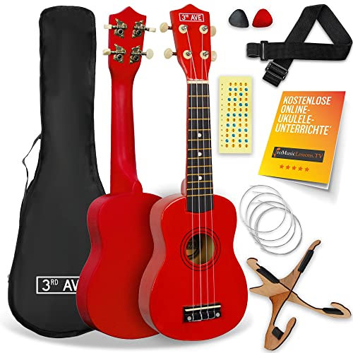 3rd Avenue Sopran-Ukulele mit 54 cm/21“, Anfängerset – Tasche, Ständer, Gurt, Saiten, Plektren und Griffbrett-Aufkleber – in Rot – KOSTENLOSE 1-monatige Online-Lektionen