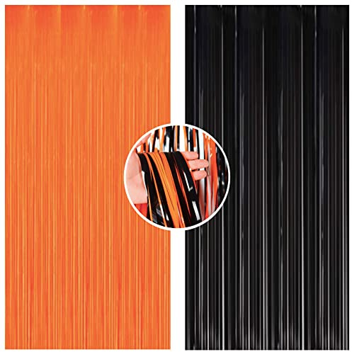 Black Orange Halloween Foil Curtain Backdrop Curtain Birthday Curtains Decoration,2Pcs 1m*2m Party Fringe Backdrop Curtain.Shimmer Curtains.Hanging Streamer for Halloween Xmas Birthday Wedding