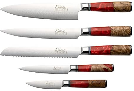 Katana Saya Elements 6 Piece Kitchen Knife Set, Volcanic Red - High Carbon VG-10 Damascus Steel for Extreme Toughness & Sharpness – Natural Olivewood & Resin Handle