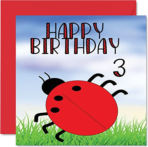Geburtstagskarte zum 3. Geburtstag – Marienkäfer – Geburtstagskarte für 3 Jahre altes Jungen Mädchen Geburtstagskarten für Sie oder Ihn 145 mm x 145 mm Grußkarte für Sohn Tochter Neffe Enkelin Kinder