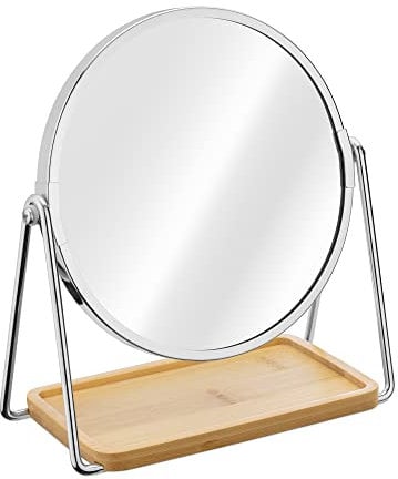 Navaris Espejo de Mesa Redondo - Espejo Doble Cara con Aumento 2X y 1x para tocador baño Mesa - Base de Bandeja bambú para Maquillaje Joyas - Plata