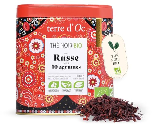 Terre d'Oc - Thé Noir Bio Goût Russe - 10 Agrumes - Vrac - 100g | Bergamote, Yuzu, Cédrat, Pomelo - Boite Métal - Réveil en Douceur et Fraîcheur - Idée Cadeau Homme et Femme