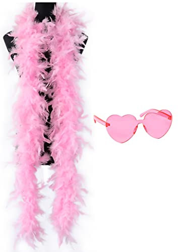 db11, Boa di piume colorate da donna lungo 2 metri, per balli, matrimoni, feste, cosplay, Halloween, con occhiali da sole con lenti a forma di cuore senza montatura (rosa)