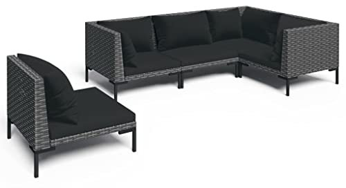 vidaXL Gartenmöbel 5-TLG. mit Auflagen Ecksofa Mittelsofa Sitzgruppe Sofa Lounge Garten Garnitur Gartenset Gartensofa Poly Rattan Dunkelgrau