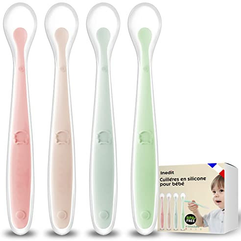 Cuillere Bebe 1er Age (4 PCS) – Cuillère Bébé en Silicone – Cuillère Incurvée Souple Pour Les Repas de Bébé de Plus de 1 Mois - QUALITE GARANTIE (4, Rose/Mauve/bleu/Vert)