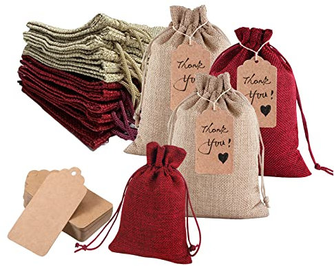 Penubuy 24 Jute-Geschenktüten mit Kordelzug und Geschenkanhänger, Wiederverwendbare Kleine Stofftasche für Süßigkeiten Münzen Schmuck Party (zwei Farben)