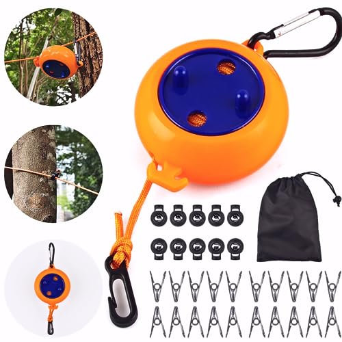 Corde a Linge Retractable,Fil Rétractable,Avec 10 Boucles Fixes et 20 Pinces Coupe-Vent, Clothesline Exterieur Portable pour Drap de Lit, Fil à Linge pour Jardin, Camping-Car, Buanderie, Voyage