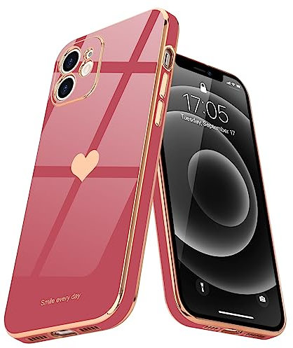 Teageo for iPhone 12 Case Cute Heart Pattern for Women Girls Slim Luxury Bling Plating Soft TPU Anti-Scratch Shockproof Bumper Phone Case for iPhone 12, Bright Blush
