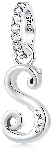 Buchstabe S Charms Alphabet Anhänger, 925 Sterling Silber Initial s Dangle CZ Perle passen Pandora Schlangenkette Armband con Letra, Geschenke für Schwester/Sohn/St Patricks Day/September/Enkel