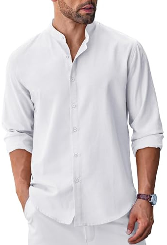 COOFANDY Men Oxford Button Down Shirt Slim Fit Dress Shirt Mandarin Collar Chambray Shirt White