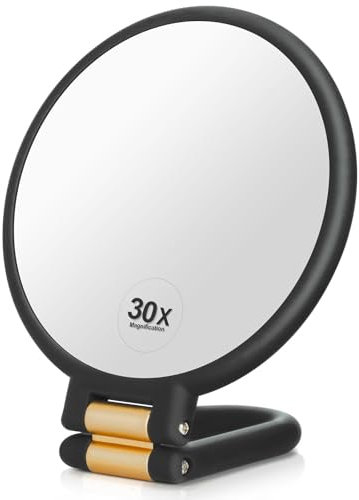 Martvex 1 Miroir de Voyage grossissant x 30, Miroir à Main avec poignée – Miroir à Main Double Face avec grossissement 1 x 30x et poignée Pliable, Miroir de Maquillage Portable pour Femme (Noir)