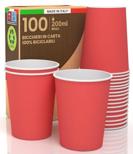 Lot de 100 verres en papier 200 ml écologiques biodégradables jetables fabriqués en Italie pour emporter des boissons chaudes et de l'eau colorées, rouges – Produit et emballé en Italie