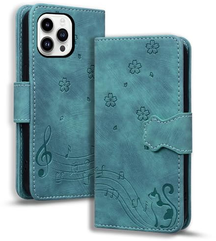 TEDTIKJT Hülle Kompatibel mit iPhone 15 Pro Flip Case Premium PU Leder Klapphüllen mit Ständer Wallet Card Slots Magnet Cover Schutzhülle Kompatibel mit iPhone 15 Pro,Grün Katze
