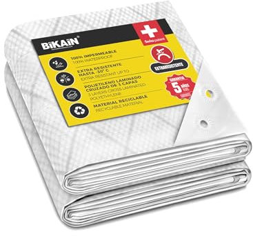 Bikain - Lona Impermeable Exterior - 5x8 Metros - 120g/m2 Reforzada - Argollas Antidesgarro - Toldo 100% Impermeable y 100% Protección UV - Cubretodo Múltiples Usos - 3 Capas Laminado Cruzado