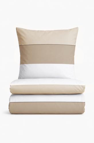 biberna Premium Satin Bettwäsche 135x200 cm beige | 2-teilig mit Kissenbezug 80x80 cm | 100% Baumwolle | seidig glatt & atmungsaktiv | Reißverschluss | Bettwäsche | Blockstreifen | Modell 0615210