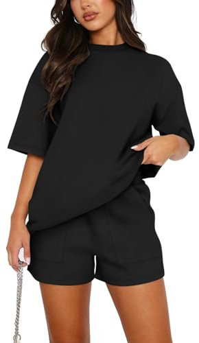 REORIA Damen Tracksuit Kurzarm Rundhalsausschnitt Einfarbig Zweiteiler Hausanzug Loungewear Outfit Jogger Trainingsanzug Set Schwarz S