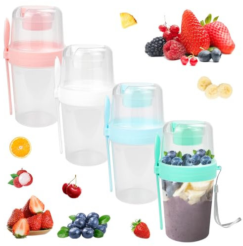 LPAMABA 4 Stück Müslibecher to Go mit Löffel & Gabel Set Joghurtbecher to go Auslaufsicherer Yoghurt Cup Obstbehälter Salatbecher Müsli to go Becher zum Frühstück, BPA Frei (300ML+500ML)