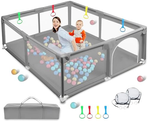 GOQELK Laufstall Baby-Laufgitter Baby180x200cm, Laufstall Playpen mit Atmungsaktivem Netz Großformat, Baby Laufstall mit Reißverschlusstür, Kinder Laufgitter, Lieferung mit Netzkorb und Ball