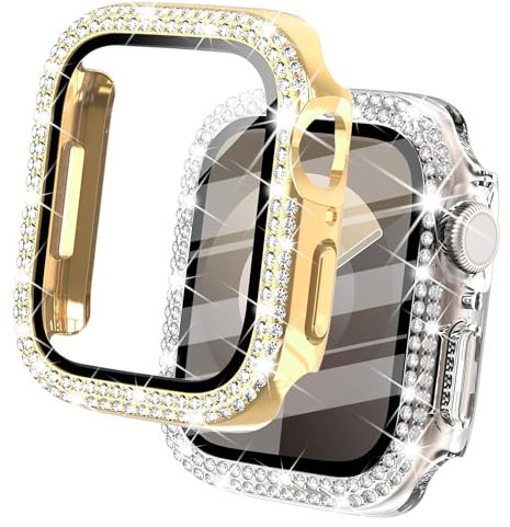 DEALELE [Paquete de 2 fundas de vidrio templado compatibles con Apple Watch Series 6/5/4/SE (1.575 pulgadas), funda protectora de doble fila de diamantes con protector de pantalla (40 mm, dorado y