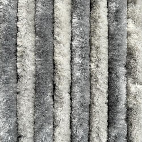 EXPLORER® Flauschvorhang 56x185 cm Wohnwagen Türvorhang für Wohnmobil/Balkontür Vorhang aus Chenille als Insektenvorhang Flausch Fliegenvorhang Camping Terrassen Tür Fliegenschutz Silber/Grau
