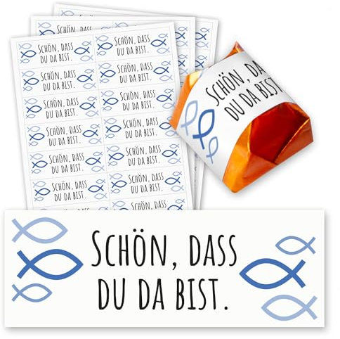 Schön, dass du da bist Aufkleber - 60 Stück - Gastgeschenk passend für Küsschen I Ichthys Fisch blau I dv1423