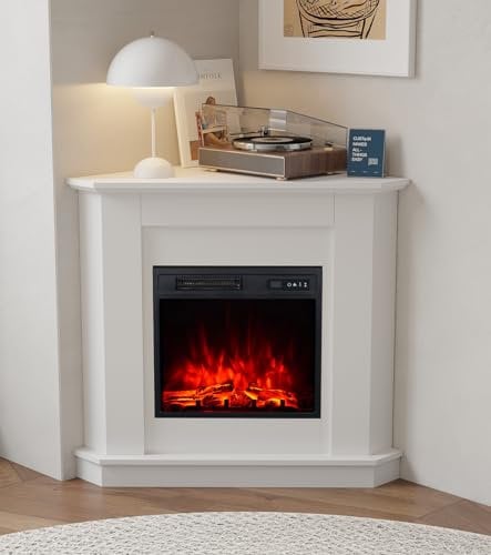 MachenFlame Camino elettrico da 18 con piano avvolgente angolare, riscaldatore di colore della fiamma regolabile, pulsante e telecomando, bianco classico