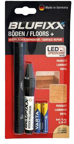 BLUFIXX-Pro Set für Laminat, Vinyl und Parkett Buche Hellbraun - PRO-EDITION 2024 - Reparaturkleber mit lichthärtendem Gel und LED Licht, Repariert Kerben, Kratzer und Dellen