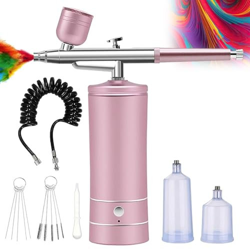 Kit de aerógrafo, pistola aerógrafo recargable inalámbrica, compresor kit aerógrafo portátil, para maquillaje, modelismo, pintura, decoración de tartas, arte de uñas, tatuaje (rosa)