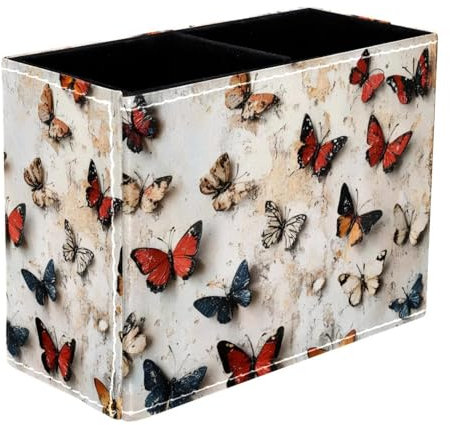 VAPOKF Butterfly on Vintage Pen Holder for Desk, 2 Compartments Pen Pot Pencil Holders Makeup Brushes Storage Desktop Stationary Supplies Organiser for Home Office