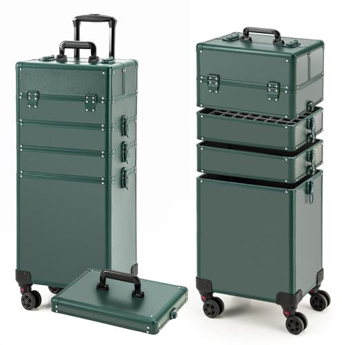Leeora&Leekoo Portable Multi-Storey Nail Case for Nail Tech Organizer - Wheels Makeup Case Organizer, Cosmetic Case, Makeup Train Case, Make Up Case, Green, Simple