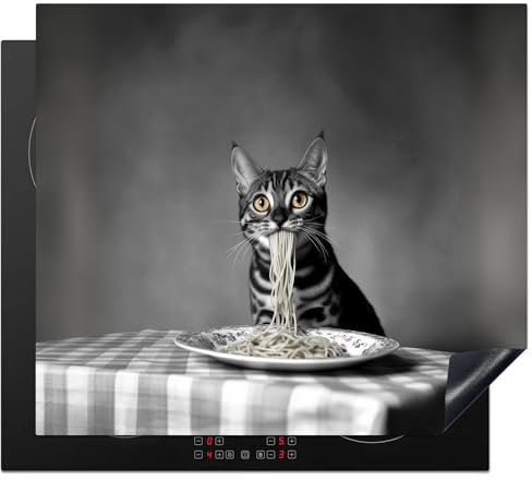 KitchenYeah© Herdabdeckplatte 60x52 cm Einteilig Abdeckplatten Cerankochfeld Abdeckung Ceranfeld Herdplattenabdeckung Induktionsmatte Bengalisch - Katze - Tischtuch - Schwarz - Weiß - Tier