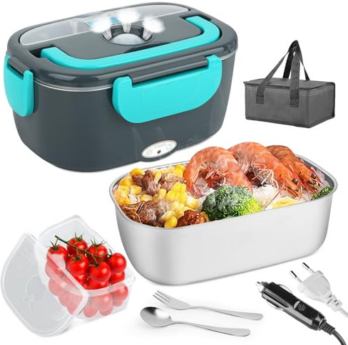 VMUTGA Scaldavivande Elettrico Portatile, 60W 1,5L Porta Pranzo Riscaldabile, 12V/24V/220V~240V Lunch Box Termico per Auto Camion e Ufficio, Contenitore Termico Per Alimenti Caldi