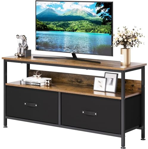 OPULENTHOME Armario de TV, mueble bajo, banco de TV, mesa de madera, mueble de TV, armario de TV con 2 cajones y estantes, estante para TV de hasta 55 pulgadas, para salón, 99 x 57 x 30 cm