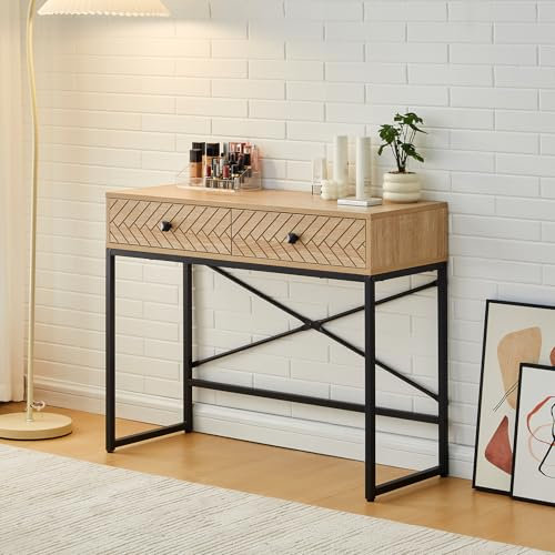 TUKAILAi Home Office Desk with Drawers, 2 Drawers Computer Desk with Black Metal Frame Modern Wooden Storage Vanity Desk for Home Office Laptop Living Room Bedroom