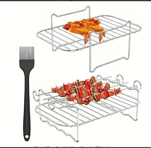 4 Pezzi Accessori Friggitrice ad Aria, Griglia Doppio Strato Friggitrice con Spazzola e Pinzetta, Griglia Forno in Acciaio Inossidabile per Friggitrice ad Aria