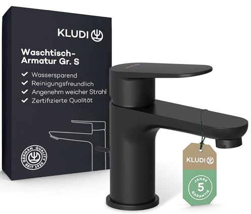 KLUDI-X1 Waschtischarmatur mit Zugstangen-Ablauf, Auslaufhöhe 75 mm, wassersparender Wasserhahn Bad Schwarz Matt Größe S, Keramikkartusche, Mischbatterie Waschbecken inkl. Anschlussschläuche