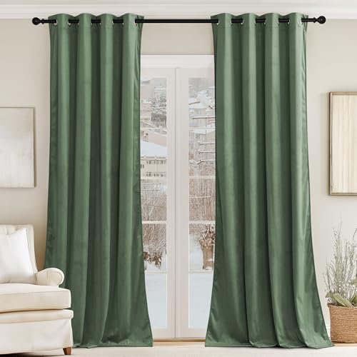 PONY DANCE Matcha Green Blackout Velvet Curtains - 1 Pair of Thermal Blackout Curtains for Living Room/Bedroom, Soundproof & Room Darkening Luxury Super Soft Velvet Panels 52x96 Inches, 2 Panels