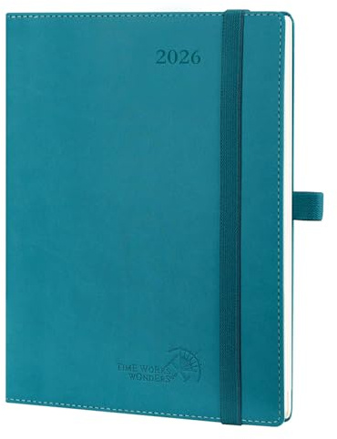 POPRUN Terminplaner 2026, A5, Wochenansicht (22 x 16,5 cm), PU-Leder, weicher Einband, vertikaler Wochen-Terminplaner, 26 Arbeitsplaner, monatliche Registerkarten, 100 g/m² Papier (Pazifikgrün)