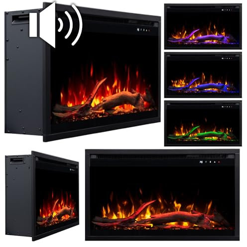 Chimenea Eléctrica LED 3D 40x60, Montaje Empotrado, Control por App, Compatible con Alexa, Calefacción y Efectos de Llama Multicolor, con Sonido y Calefacción (40x60x20)